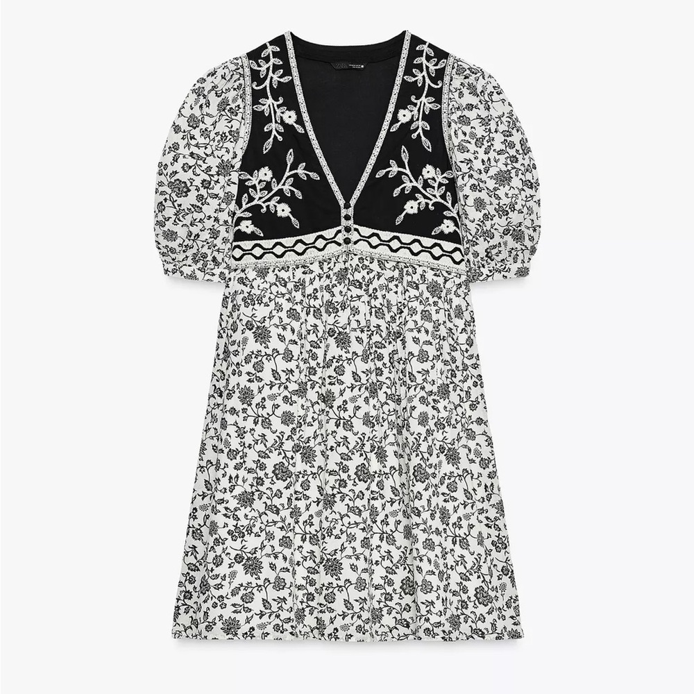 New NWOT Zara floral print combination short dress embroidered puff medium